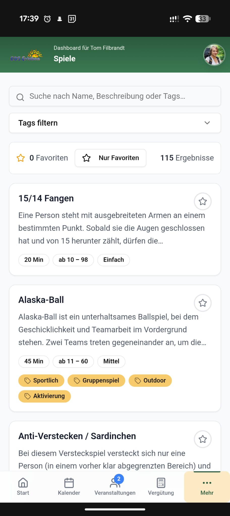Mobile Ansicht der EOS-Erleben-Methoden-Datenbank mit Suchfeld, Filtern und Spielkarten