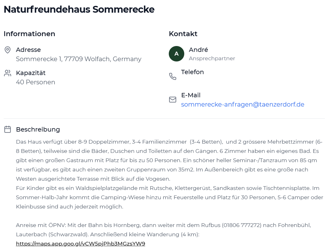 Dashboard Team und Unterkunft